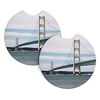 Mackinac Suspension Bridge Print Car Cup Holder Coaster 2 Pcs Car Coasters with A Finger Notch Absorbent Rubber Car Coffee Cup Pad Universal Auto Anti Slip Car Cup Mat 2.7