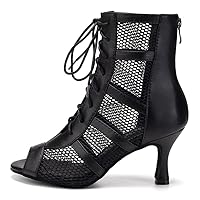 AOQUNFS Latin Salsa Dance Shoes Lace-up Open Toe Ballroom Dance Heel Boots Women,Model L446-PU