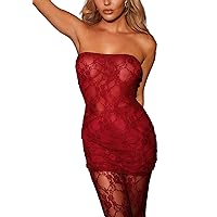 LAJIOJIO Women's Floral Lace Tube Mini Dress with Stocking Strapless Bodycon Club Party Dresses Sets Summer 2024