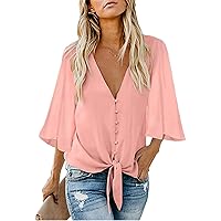 ZEFOTIM Cute Shirts for Women,Summer Fashion Button Down Plain Tops Shirts Basic Bell Sleeve V-Neck Baggy Blouse Tees Tunic Womens Tops and Blouses Chiffon Blouses for Women(#2-Pink,Medium)