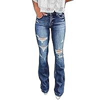 Frayed Flare Jeans for Women Boyfriend Trendy Flared Stretch Denim Pants High Rise Loose Trouser Bell Bottom Baggy