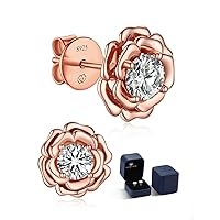 MomentWish Rose Gold Moissanite Stud Earrings, 1 Carat Roman Numerals Flower Earrings, Women's 925 Silver, Nickel-Free, Mum Gift for Mother's Day for Her with Gift Box, 5 mm