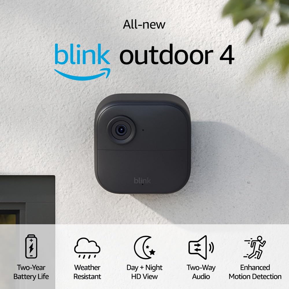 All-New Blink Outdoor 4 (4th Gen) – Wire-free smart security camera, two-year battery life, two-way audio, HD live view, enhanced motion detection, Works with Alexa – 4 camera system