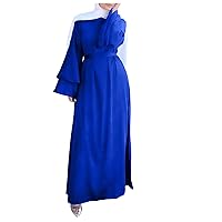 فساتين محجبات White Long Sleeve Maxi Dress Abayas Muslim Robe for Women Kaftan Dresses Solid Satin Soft Kaftan Abaya Islamic Dubai Prayer Clothes Arabic Dress Blue XX-Large
