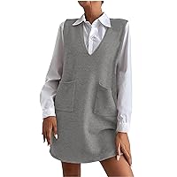 Women's Sleeveless Woolen Suspenders Dresses Spring Fall Casual V Neck Solid Pullover Tunic Dress with Pockets