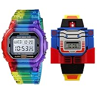 VIGOROSO Men Women Colorful Digital Sport LED Quartz 5ATM Waterproof Wrist Watches Boys Girls Children Kids Digital Pu Watch Transformers Bumblebee Cartoon Wristwatch