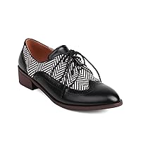 Women Pointed Toe Wingtips Brogue Oxfords Perforated Lace-up Patchwork Low Heel Casual Dress Flat Shoes