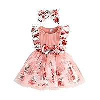 Toddler Girls Sleeveless Floral Prints Tulle Ribbed Princess Dress Clothes Dress Set