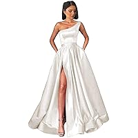 One Shoulder Satin Prom Dress for Women A Line Wrap Formal Gown Evening Dresses High Split