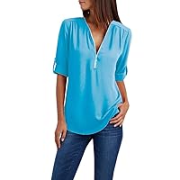 Clearance Items Under 5 Dollars Women V Neck Dressy Tops Rolled Sleeve Casual Blouses Half Zip Solid T Shirt Elegant Work Shirts Loose Fit Tee Top Cute Spring Tops