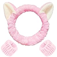 WHAVEL 3PCS Spa Headband and Wristband Set, Cute Cat Ears Headband for Washing Face Makeup Headband Face Wash Headband Wrist Bands(Pink)