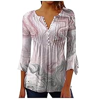 Tops for Women Causal Ethnic Floral Print Tunic Tshirt V Neck Henley Button Blouse 3/4 Flared Sleeve Retro Marble Graphic Tee