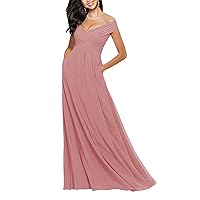 Off The Shoulder Bridesmaid Dresses Long Chiffon Prom Formal Gown with Pockets