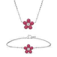 Flower Pendant Necklace and Bracelet Set, Created Ruby and Zircon Jewelry Birthday Gift