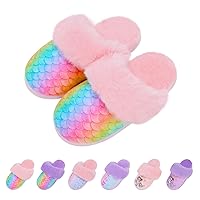 Girls Mermaid Fluffy House Slippers,Toddler Faux Fur Cozy Plush No-Slip Home Slippers with Memory Foam House Shoes for Kids Bedroom Indoor