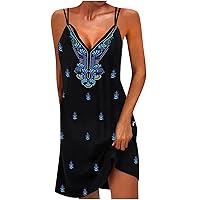 Strap Beach Sundress for Women Flowy Hawaiian Dress Floral Print Summer Dress Swing Mini Dresses Loose Vacation Dress