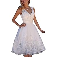 Short Lace Wedding Dresses Knee Length Travel Tulle Rhinestones V-Neck Lace Up Bride Gowns Wedding Dresses