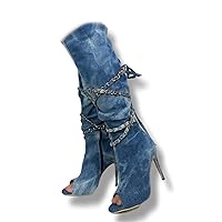 Frankie Hsu Ladies Sexy Stiletto Knee High Heeled Boots, Blue Denim Vintage Gold Chain Peep Toe Wide Calf Big Large Size US5-19 Shoes For Women Men