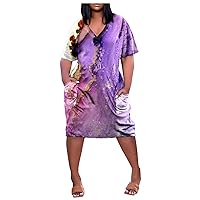Maxi Dress for Women Women Casual Plus Size V Neck Dresses Short Sleeve Knee Printed A Line Swing Midi Dress