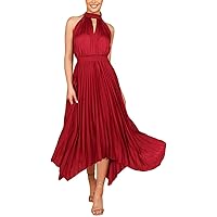Summer Dress for Women Elegant Sleeveless Halter Neck Cut Out Irregular Hem Pleated Midi A-Line Flowy Midi Dresses