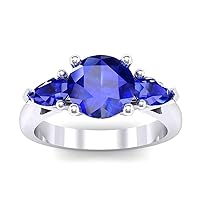 1.55 Cts Round Blue Sapphire Three-Stone Engagement Ring 14K White Gold Finish