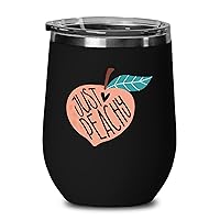 Fruit 12oz Wine Tumbler Black - Just Peachy - Cute Peach Funny Witty Word Playing Coral Aesthetic Cool Saying Positive Quotes Cheerful