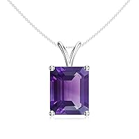 Natural Amethyst Emerald Cut Solitiare Pendant Necklace for Women in Sterling Silver / 14K Solid Gold/Platinum