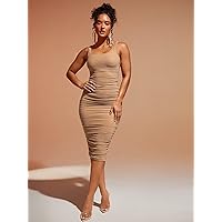 Dresses for Women Solid Ruched Bodycon Dress (Color : Apricot, Size : X-Small)