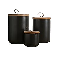 Canister Sets for Kitchen, Black Ceramic Kitchen Canisters for Countertop with Airtight Wood Lids, Large Flour and Sugar Containers for Coffee, Tea, Spice (Set of 3)