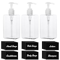 3pcs 9.5oz/280ml Refillable Pump Press Bottles, 24PCS Waterproof Labels for Plastic/Glass Bottles,Square Empty Bathroom Bottle for Shampoo, Soap, Lotion, Conditioner, Home Organization