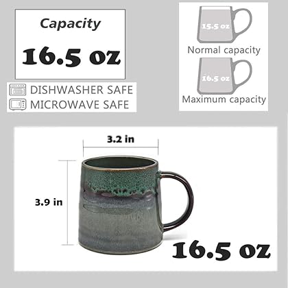 wewlink Large Ceramic Coffee Mug, Pottery Mug,Tea Cup for Office and Home,Handmade Pottery Coffee Mugs,16.5 Oz,Dishwasher and Microwave Safe,kiln altered glaze craft (Dark Green)