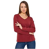 Women's Solid Color Cotton V-Neck Long Sleeve T-Shirts Soft, Breathable & Lightweight, Perfect for Layering, Stylish Outfits