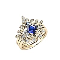 MRENITE 10K 14K 18K Gold Sapphire Rings Set Set for Women Art Deco Design Engrave Names Size 4 to 12 Anniversary Birthday Jewelry Gifts for Her