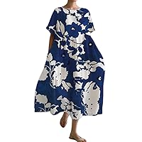 Apvirty Womens Summer Casual Floral Cotton Linen Crew Neck Short Sleeve Boho Plus Size Maxi Swing Dress with Pocket