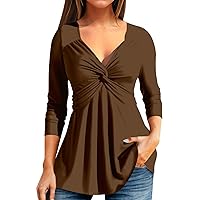 Womens Deep V Neck Shirts Front Twist Knot Sexy Tops T Shirt Long Sleeve Cute Tops Blouse Casual Slim Fit Tunic Tee