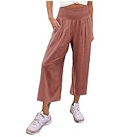 Womans Clothing,Women's 9-Pant Casual Loose High Waist Cotton Linen Wide Leg Long Pants with Pockets Spring&Summer Clothing