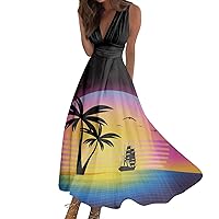Black Dresses for Women Sundress Hawaiian Long Dress Swing Dress A Line Floral Hawaii Print Sleeveless V Neck Dress