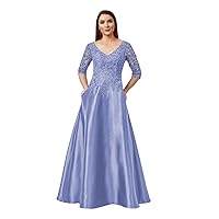 Mother of The Bride Dresses for Wedding Lace Appliques Satin Formal Prom Dress with Sleeves