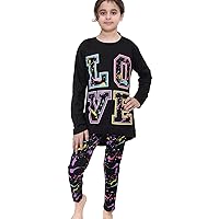 Girls Top Kids Love Print Contrast T Shirt Tops & Splash Legging - Love Set 340 Black 9-10