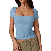 QINSEN Women's Square Neck Short Sleeve T Shirts Double Lined Basic Tee Slim Fit Tops