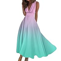 Swing Dress Women's V Neck Weekend Sleeveless 2024 Maxi Dress Ladies Boho Waist Retraction Printed Summer Long Dress