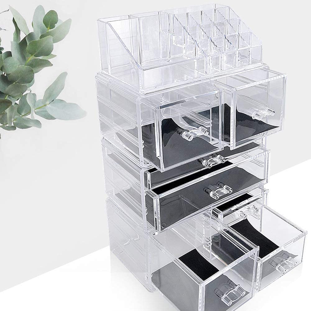 InnSweet Makeup Organizer Acrylic Cosmetic Storage Drawers, Large Makeup Storage Boxes Jewelry Display Cases with 7 Drawers, 4 Piece, Transparent
