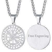 FaithHeart Viking Compass Pendant Necklace, Personalized Custom Stainless Steel Mens Norse Vegvísir Jewelry with Sturdy 24 Inch Wheat Chain Nordic Vikings Amulet Compass Charms