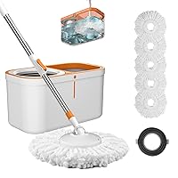 Floor Spin Mop and Bucket Set with Wringer System Extended Stainless Steel Handle 61＂for Home Floor Cleaning Use with 5 Replacement Head Refill and 1 Cleaning Brush Head