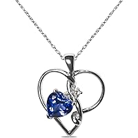 Lab-Created Sapphire OR Ruby OR Emerald OR Opal Gemstone Birthstone Double Heart Diamond Accent Necklace Pendant Charm 10k Yellow or White Gold 925 Sterling Sliver 18” Chain (Choose your Birthstone)