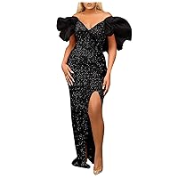 Black Dresses for Women,Formal Dresss Sexy Cutout Backless Off Shoulder Ruffle Sleeve Slit Bodycon Maxi Dress Sequin Elegant Plus Size Dress for Cocktail Party Wedding Guest Evening Black 2XL