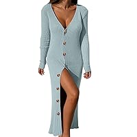 Ladies V Neck Single Breasted Multi Button Knit Rib Button Long Sleeve Cardigan Dress Casual Dress for Women (Blue, M) F L Sweatshirt Dress Women