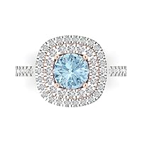 Clara Pucci 1.85 ct Round Cut Solitaire W/Accent double Halo Natural Aquamarine Anniversary Promise Engagement ring 18K two tone Gold