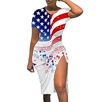 XJYIOEWT Casual Summer Dresses for Women 2024 Vacation,Independence Day Women Flag Patterns Casual Drawstring Slit Slim