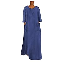 Plus Size Maxi Denim Dress for Women Round Neck Half Sleeve Casual Loose Dress Summer Plain Pocketed Dress Oversized